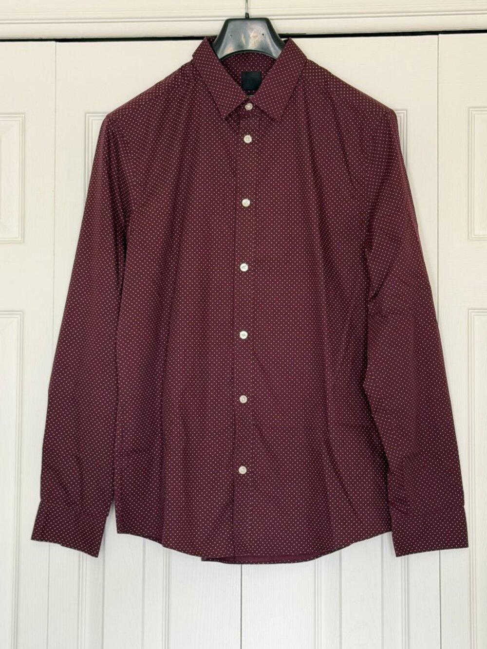 H&M Burgundy Dress Shirt with White Polka Dots, Slim Fit, Easy Iron